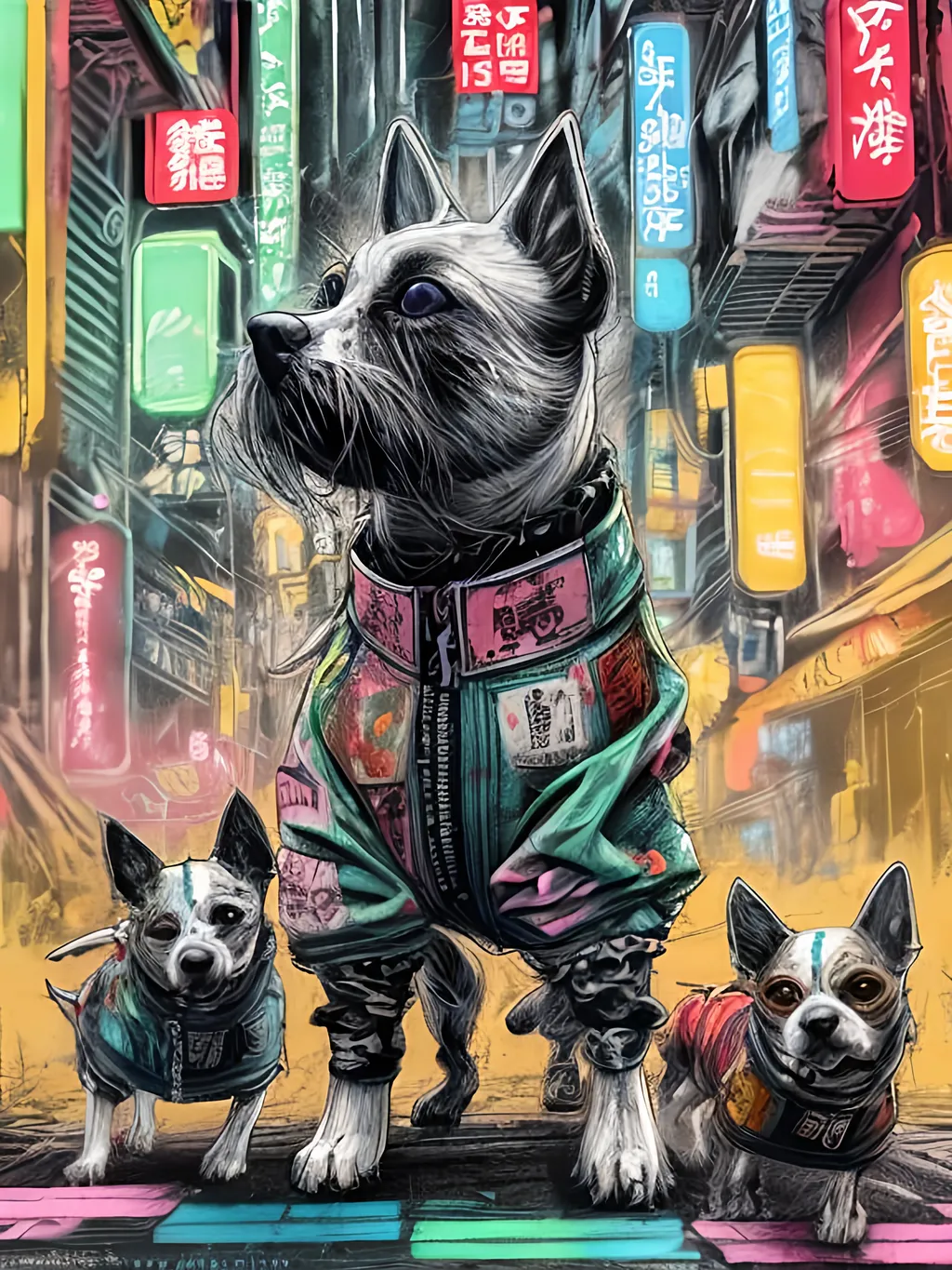 Prompt: pop art chalk pastel art of detailed dogs wearing gangster clothes playing in the streets in cyberpunk japan during a festival, sketch, detailed background, highres, fun atmosphere, natural lighting,  abstract, fun