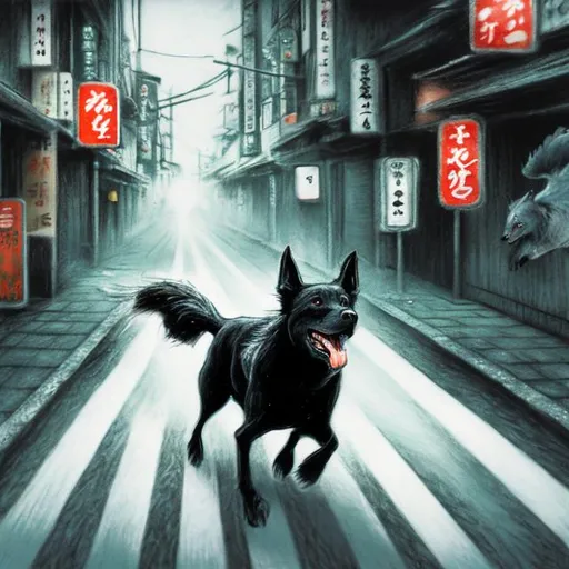 Prompt: chalk pastel art of a black dog wearing  clothes chasing a chicken in the streets in japan, sketch, detailed background, highres, fun atmosphere, natural lighting, pastel colors, abstract, fun