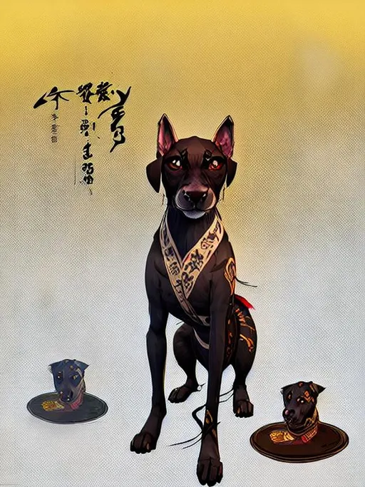 Prompt: black mountain cur dog in yakuza outfit