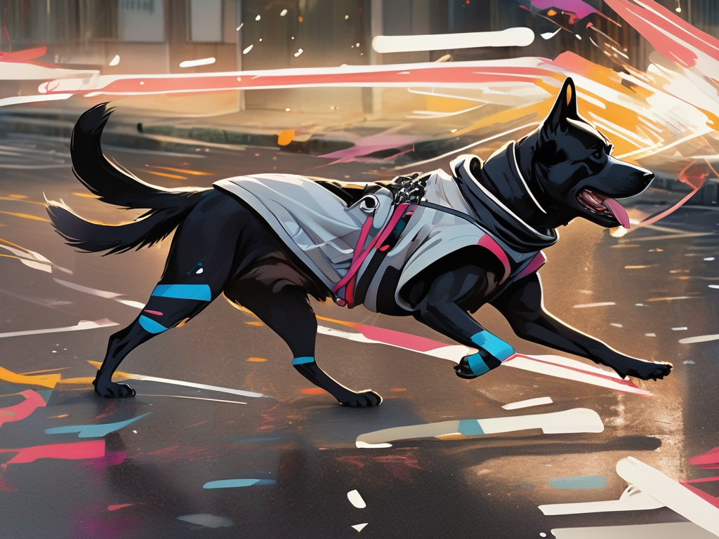 Prompt: black dog wearing ninja clothes having fun in the streets with a battle in the background, dogs, abstract art, Screen print, splash screen art, triadic colors, digital art, 8k resolution trending on Artstation, golden ratio, akira, symmetrical, rule of thirds, geometric bauhaus, Studio Ghibli, Anime Key Visual, by Makoto Shinkai, Deep Color, Intricate, 8k resolution concept art, Natural Lighting, Beautiful Composition