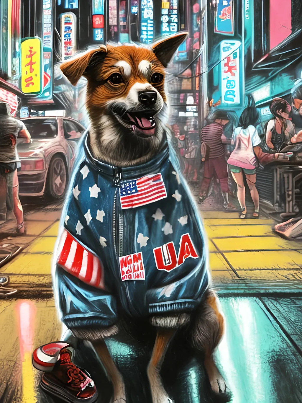 Prompt: pop art chalk pastel art of detailed dog wearing USA clothes playing in the streets in cyberpunk japan during a festival, sketch, detailed background, highres, fun atmosphere, natural lighting,  abstract, fun