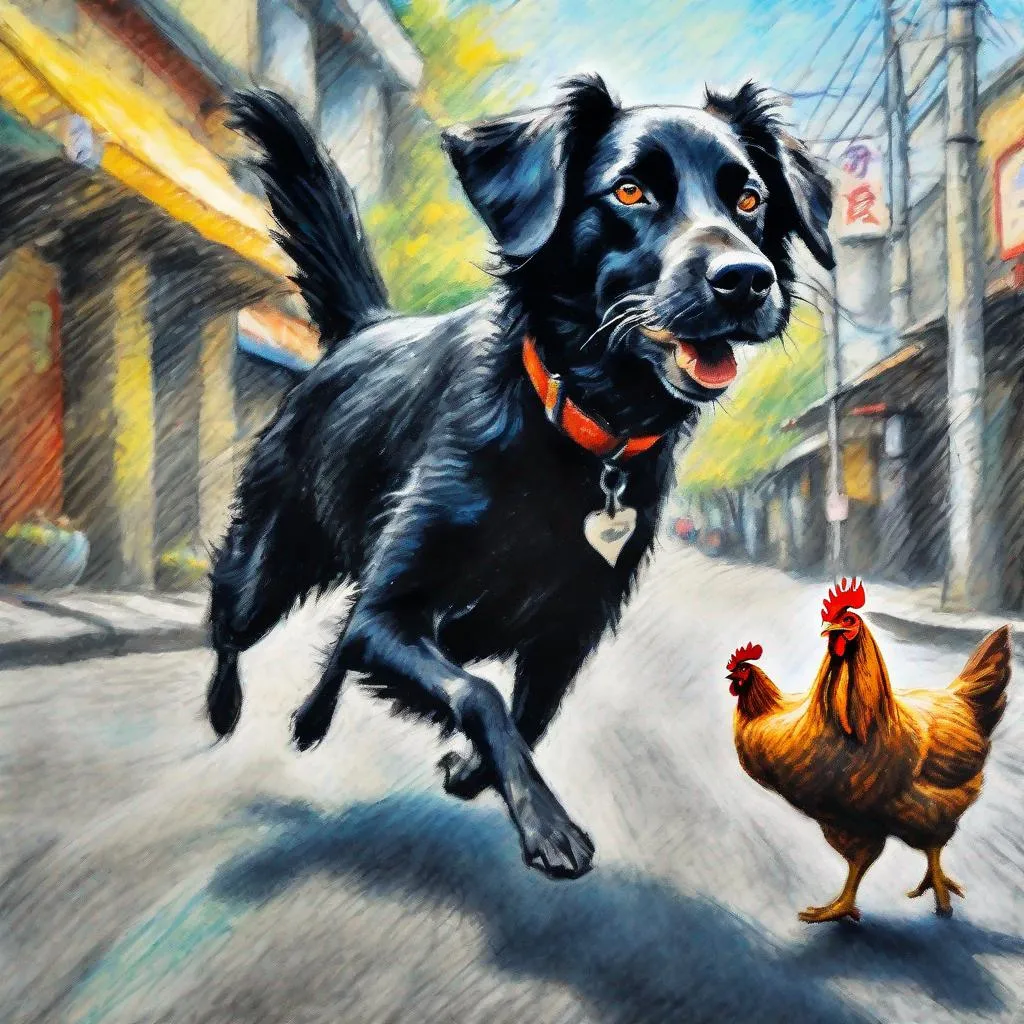 Prompt: chalk pastel art of a black dog wearing clothes chasing a chicken in the streets in japan, sketch, detailed background, highres, fun atmosphere, natural lighting, pastel colors, abstract, fun