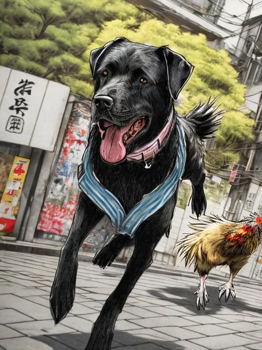 Prompt: a black dog wearing clothes chasing a chicken in the streets in japan, sketch, detailed background, highres, fun atmosphere, natural lighting, pastel colors, abstract, fun