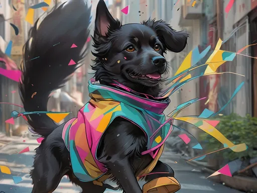 Prompt: black dog wearing ninja clothes having fun in the streets with a battle in the background, dogs, abstract art, Screen print, splash screen art, triadic colors, digital art, 8k resolution trending on Artstation, golden ratio, akira, symmetrical, rule of thirds, geometric bauhaus, Studio Ghibli, Anime Key Visual, by Makoto Shinkai, Deep Color, Intricate, 8k resolution concept art, Natural Lighting, Beautiful Composition