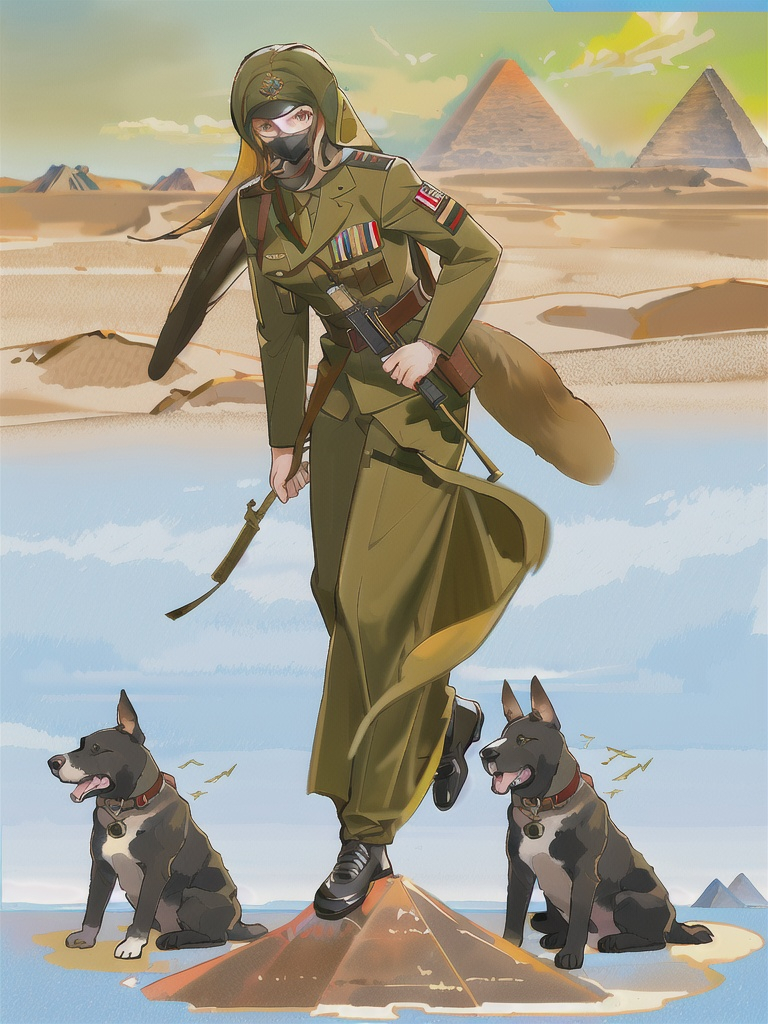 Prompt: black mountain cur dog in military gear in egypt