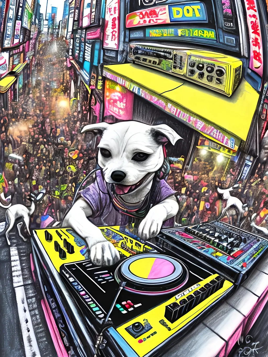 Prompt: pop art chalk pastel art of detailed dog DJing in the streets in Japan during a festival, sketch, detailed background, highres, fun atmosphere, natural lighting,  abstract, fun