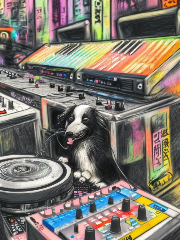 Prompt: chalk pastel art of detailed dog DJing in the streets in Japan during a festival, sketch, detailed background, highres, fun atmosphere, natural lighting,  abstract, fun