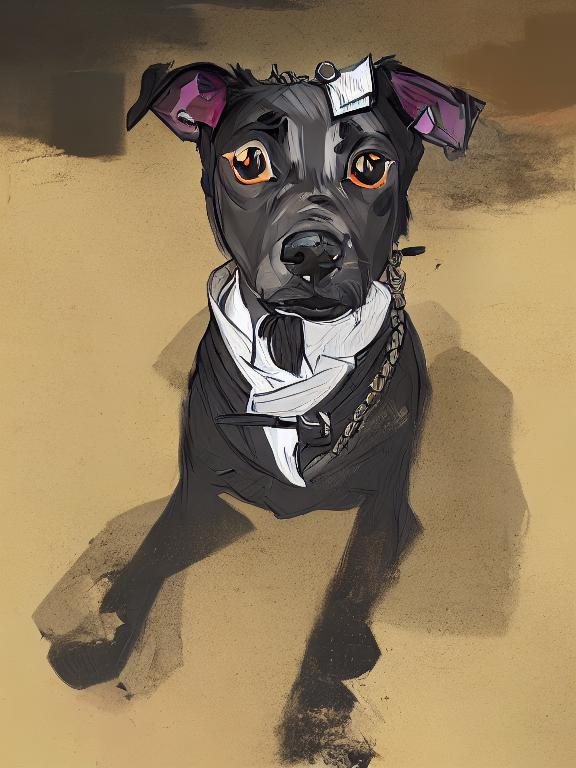 Prompt: mountain cur black dog in clothes gangster abstract art