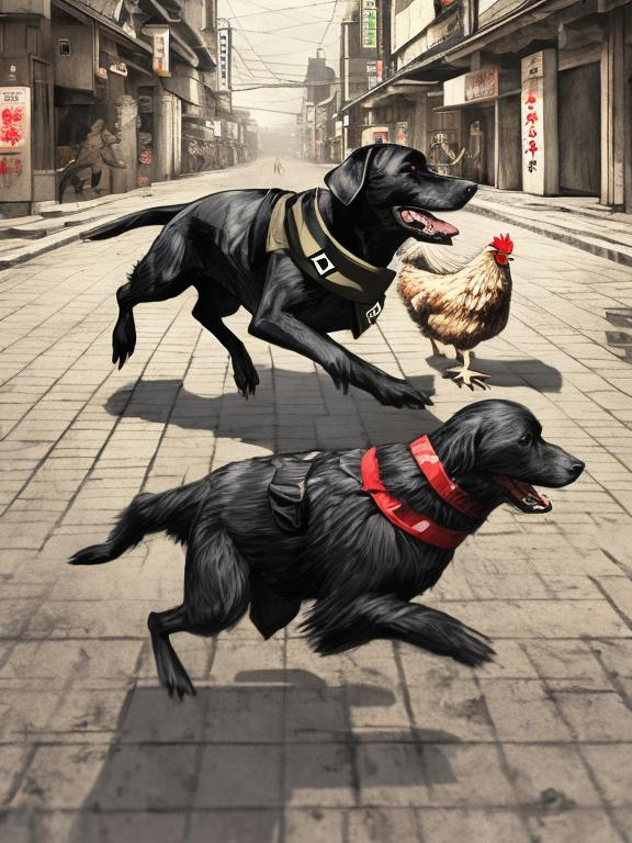 Prompt: a black dog wearing a nazi uniform chasing a chicken in the streets in japan, sketch, detailed background, highres, fun atmosphere, natural lighting, pastel colors, abstract, fun