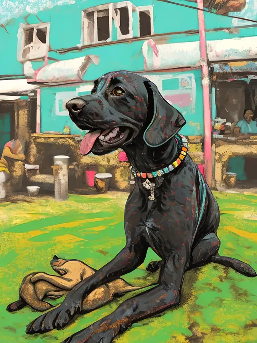 Prompt: pop art chalk pastel style of a  detailed dog getting its hair braided in Jamaica, sketch, detailed background, highres, fun atmosphere, natural lighting,  abstract, fun