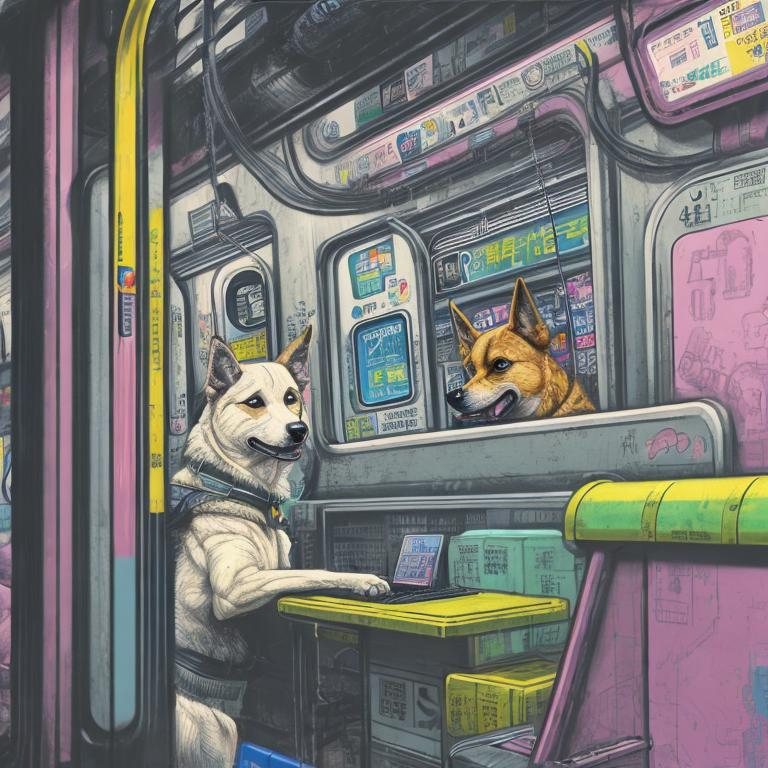 Prompt: pop art chalk pastel art of a detailed dog hacking a computer on the subway train in cyberpunk japan with planes in the background, sketch, detailed background, highres, fun atmosphere, natural lighting,  abstract, fun