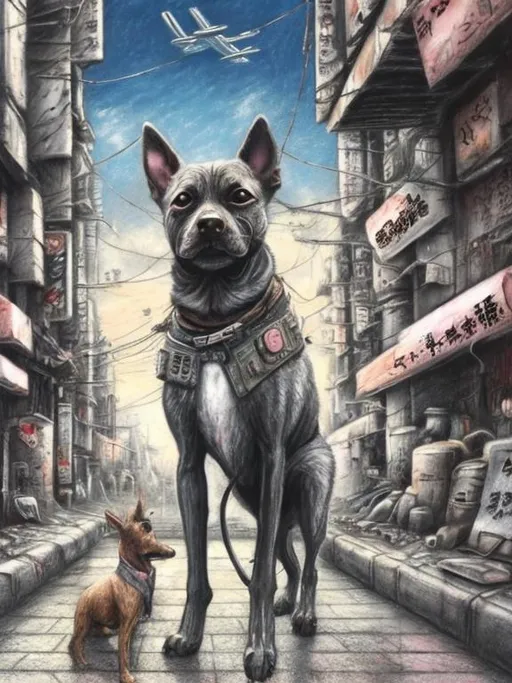 Prompt: chalk pastel art of a detailed dog on the streets in post-apocalyptic Japan during a festival with planes in the background, sketch, detailed background, highres, fun atmosphere, natural lighting,  abstract, fun