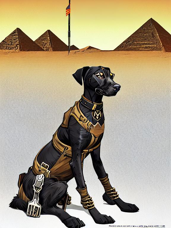 Prompt: black mountain cur dog in military gear in egypt 90s poster