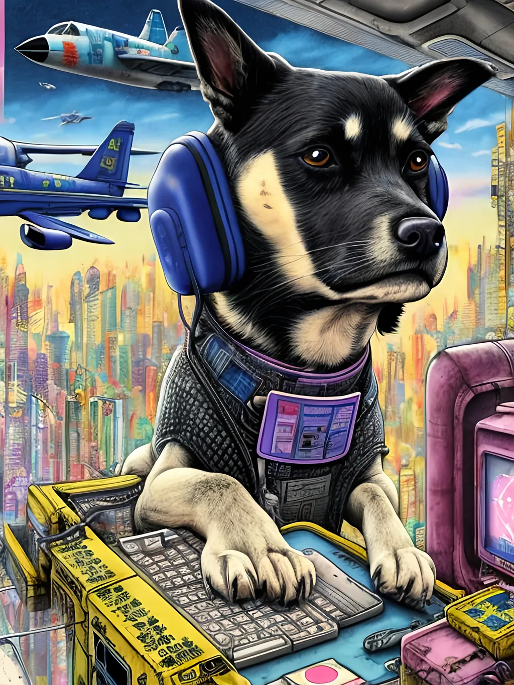 Prompt: pop art chalk pastel art of a detailed dog hacking a computer on the subway train in cyberpunk japan with planes in the background, sketch, detailed background, highres, fun atmosphere, natural lighting,  abstract, fun