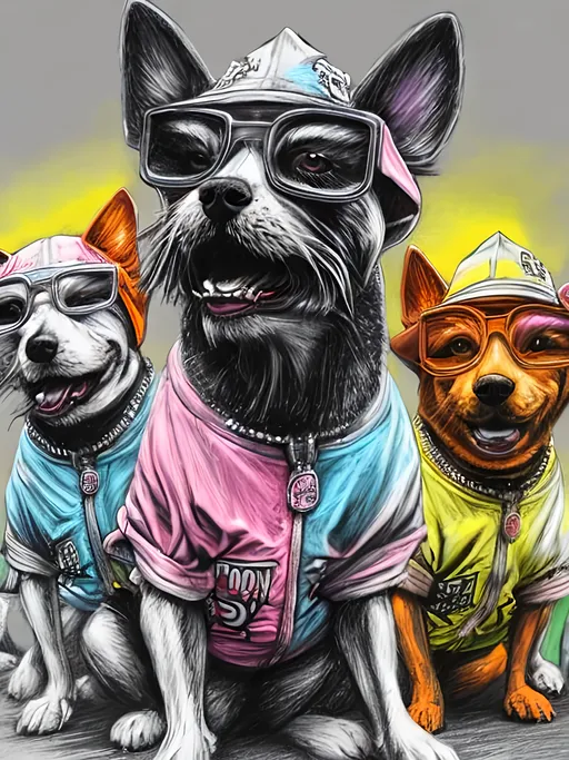 Prompt: pop art chalk pastel art of detailed dogs wearing gangster clothes playing in the streets in japan during a festival, sketch, detailed background, highres, fun atmosphere, natural lighting,  abstract, fun