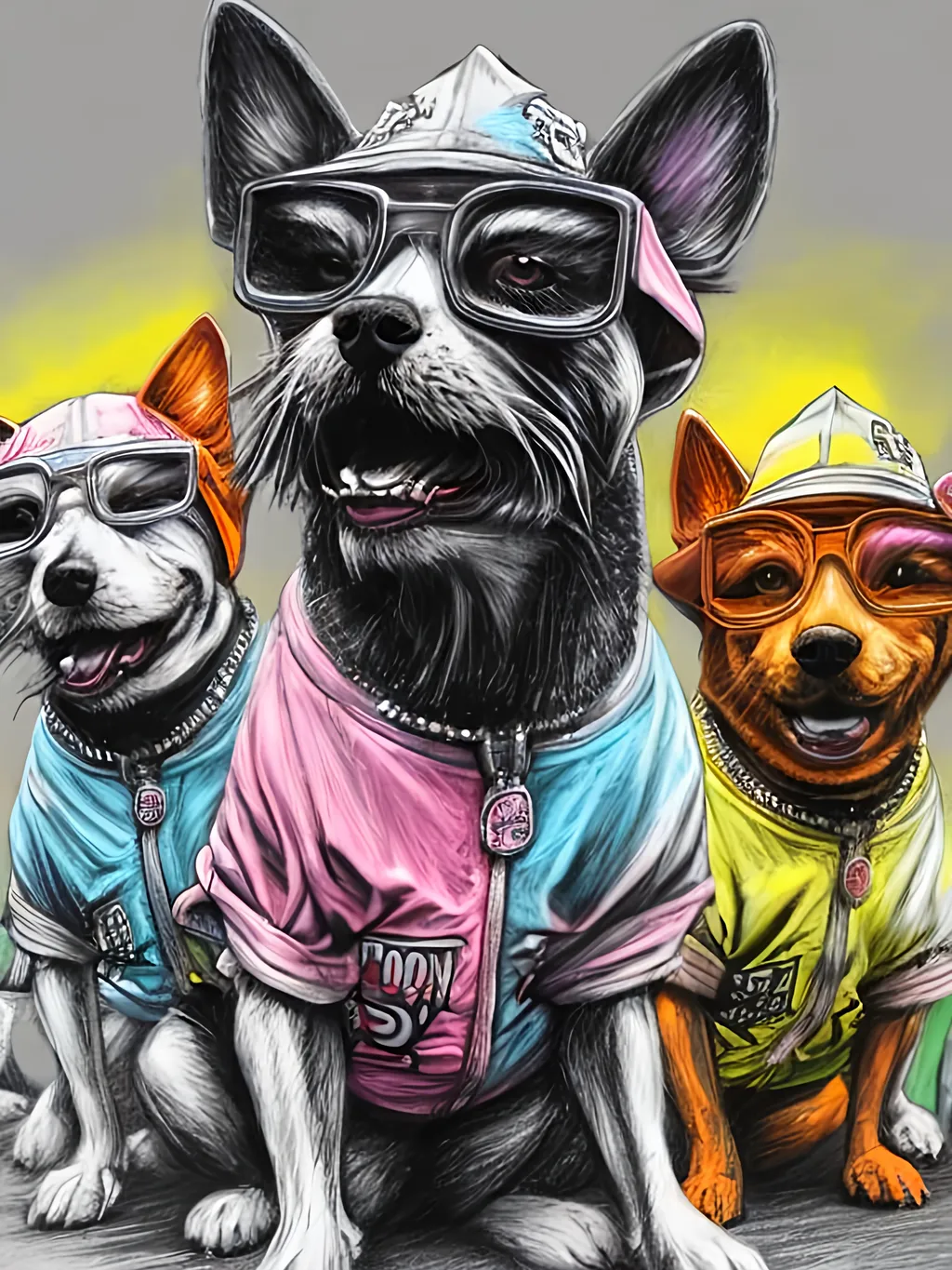 Prompt: pop art chalk pastel art of detailed dogs wearing gangster clothes playing in the streets in japan during a festival, sketch, detailed background, highres, fun atmosphere, natural lighting,  abstract, fun