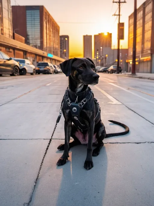 Prompt: mountain cur black dog in cyberpunk city with sun set