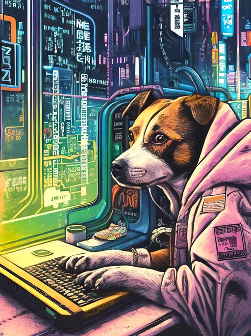 Prompt: pop art chalk pastel art of a detailed dog hacking a computer on the subway train in cyberpunk japan with planes in the background, sketch, detailed background, highres, fun atmosphere, natural lighting,  abstract, fun