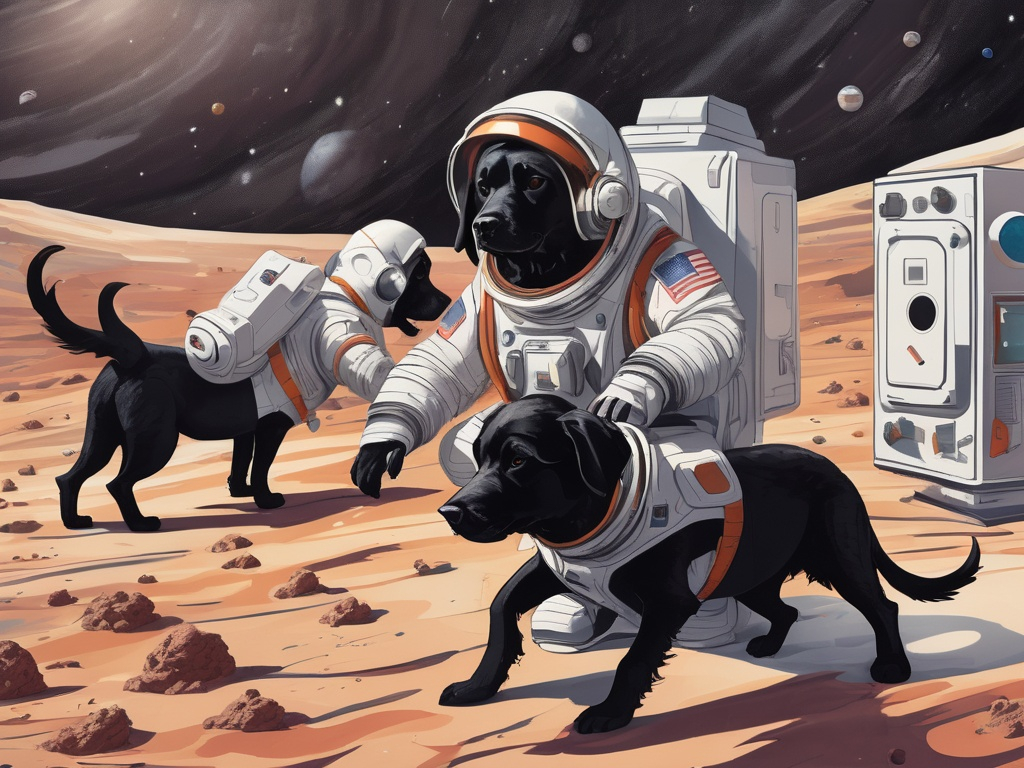 Prompt: abstract style art of black dogs in space in astronaut outfits