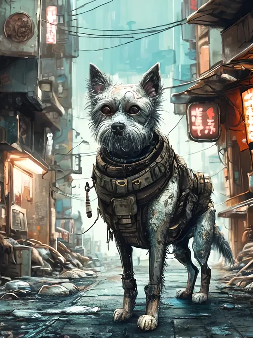 Prompt: chalk pastel style of a detailed dog in the streets in post-apocalyptic japan during a festival, sketch, detailed background, highres, fun atmosphere, natural lighting,  abstract, fun