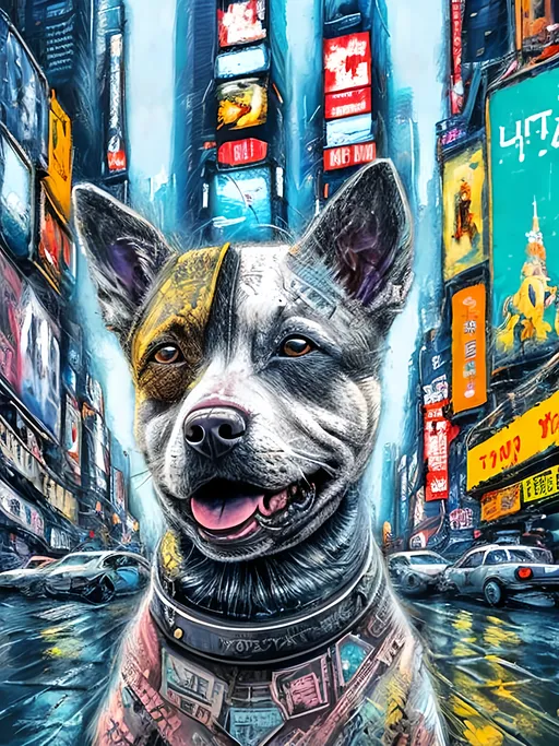 Prompt: chalk pastel style of a  detailed dog stoned in cyberpunk times square, sketch, detailed background, highres, fun atmosphere, natural lighting,  abstract, fun