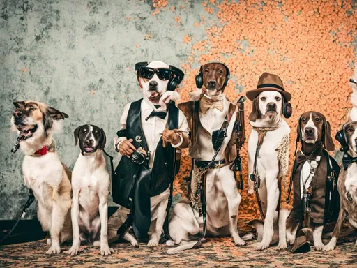 Prompt: black mountain cur dogs rap album dressed as gangsters in recording studio