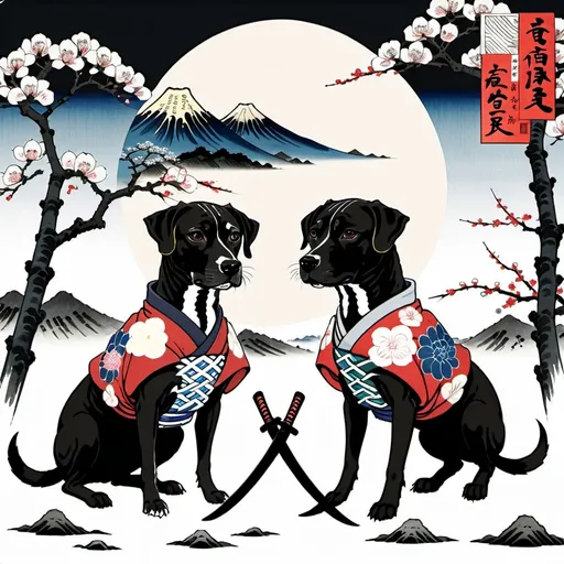 Prompt: black mountain cur dogs in hiroshige wearing samurai clothes