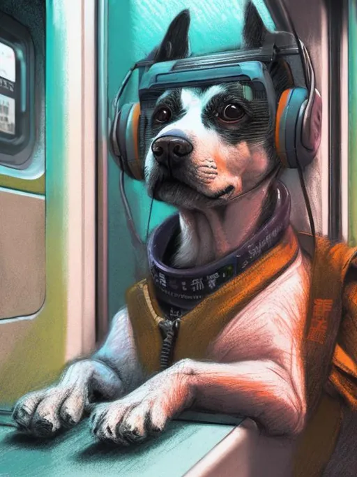 Prompt: chalk pastel art of a detailed dog listening to music on the subway train in cyberpunk japan, sketch, detailed background, highres, fun atmosphere, natural lighting,  abstract, fun