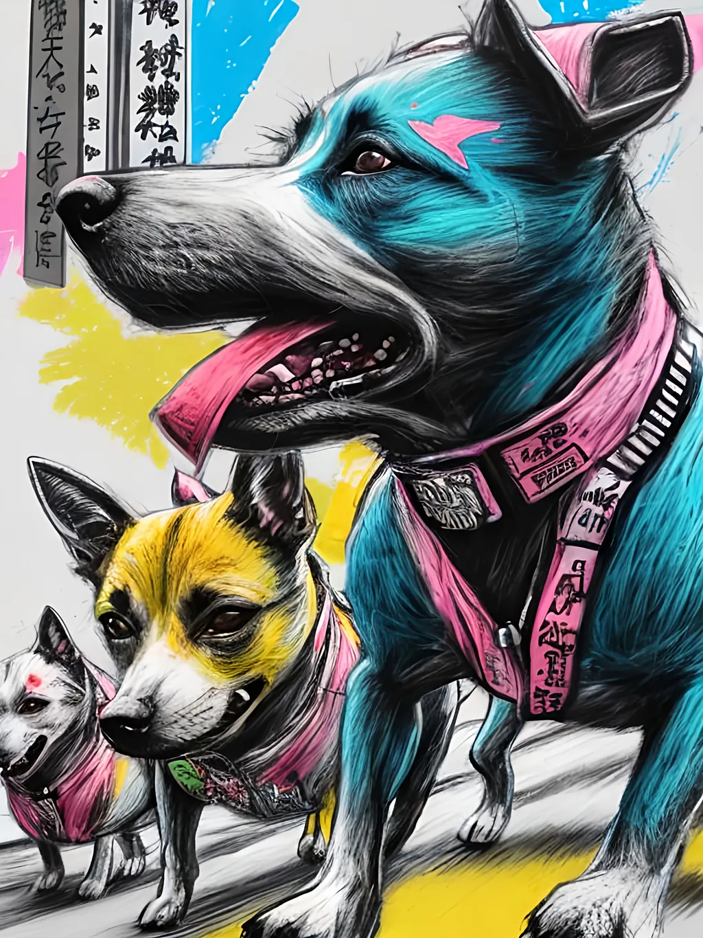 Prompt: pop art chalk pastel art of detailed dogs wearing gangster clothes playing in the streets in japan during a festival, sketch, detailed background, highres, fun atmosphere, natural lighting,  abstract, fun