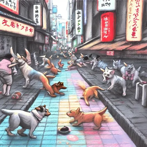 Prompt: etchy chalk pastel art of dogs playing in the streets in japan, sketch, detailed background, highres, fun atmosphere, natural lighting, pastel colors, abstract, fun