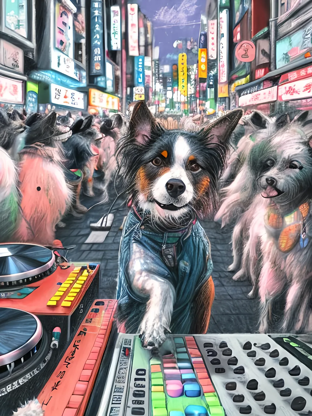 Prompt: chalk pastel art of detailed dog DJing in the streets in Japan during a festival, sketch, detailed background, highres, fun atmosphere, natural lighting,  abstract, fun