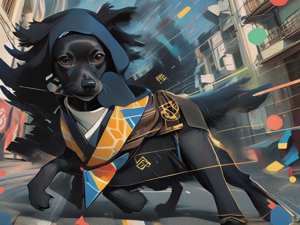 Prompt: black dog wearing ninja clothes having fun in the streets with a battle in the background, dogs, abstract art, Screen print, digital art, 8k resolution trending on Artstation, golden ratio, akira, rule of thirds, geometric bauhaus, Studio Ghibli, Anime Key Visual, by Makoto Shinkai, Deep Color, Intricate, 8k resolution concept art, Natural Lighting, Beautiful Composition