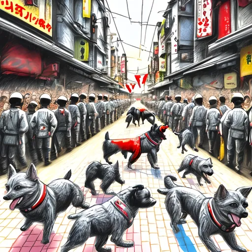 Prompt: pop art chalk pastel art of detailed dogs wearing nazi uniforms playing in the streets in japan during a festival, sketch, detailed background, highres, fun atmosphere, natural lighting,  abstract, fun