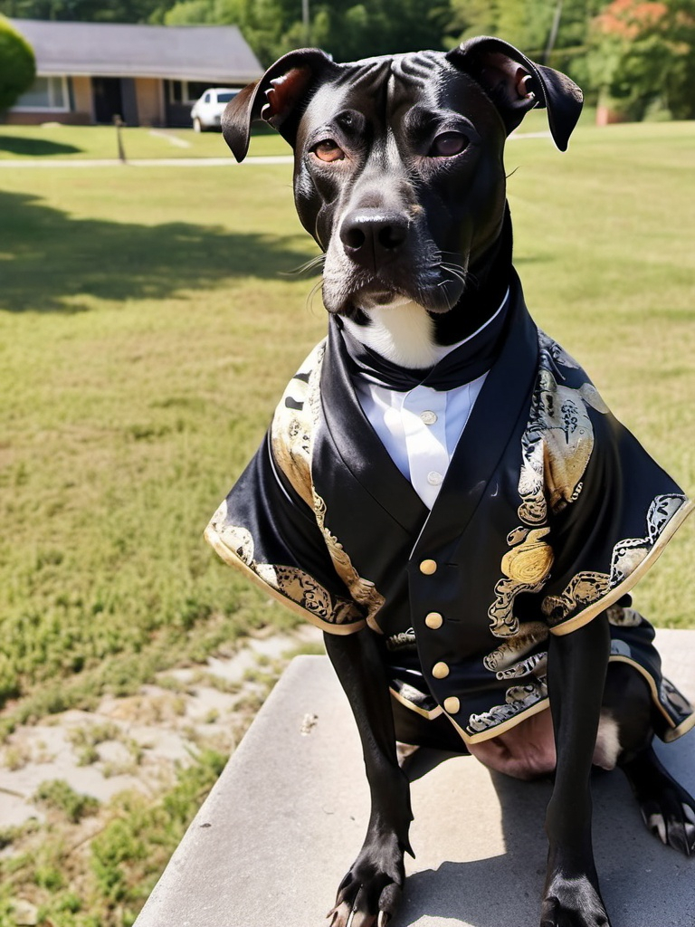 Prompt: all black mountain cur dog dressed as yakuza