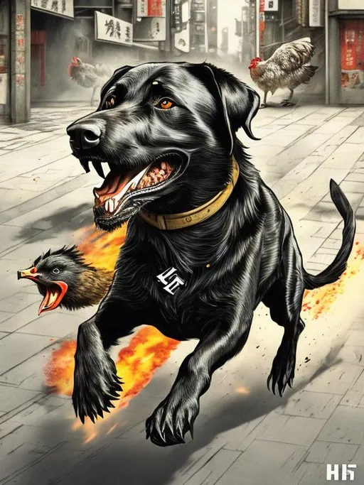 Prompt: a black dog wearing a nazi uniform chasing a chicken in the streets in japan, sketch, detailed background, highres, fun atmosphere, natural lighting, pastel colors, abstract, fun