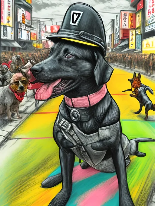 Prompt: pop art chalk pastel art of detailed dogs wearing nazi uniforms playing in the streets in japan during a festival, sketch, detailed background, highres, fun atmosphere, natural lighting,  abstract, fun