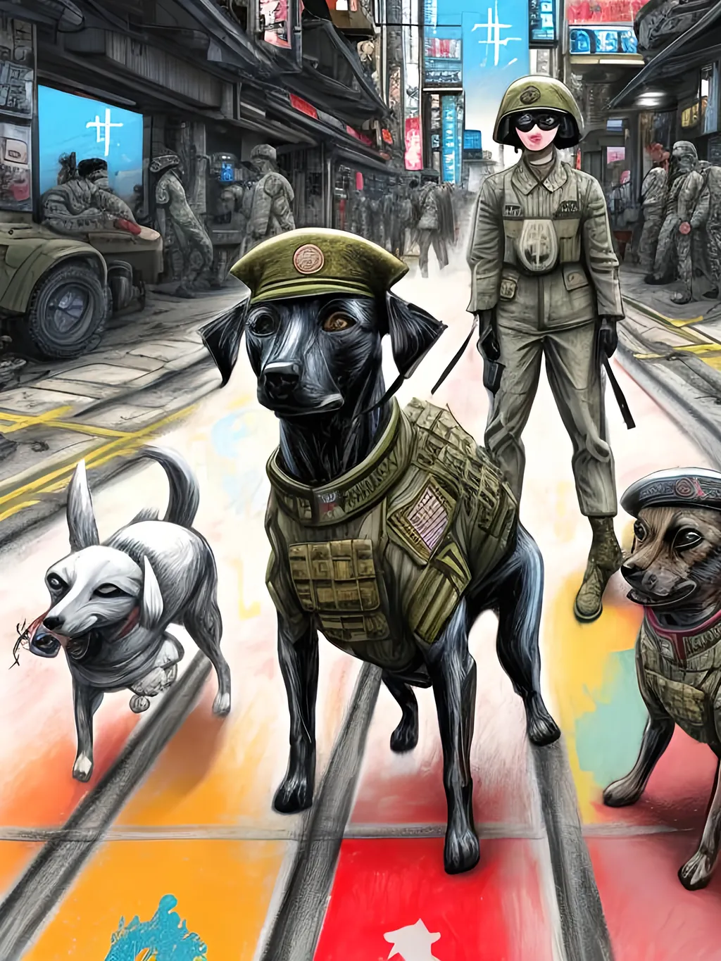 Prompt: pop art chalk pastel art of a detailed dogs wearing military uniforms on the streets in cyberpunk japan during a festival with planes in the background, sketch, detailed background, highres, fun atmosphere, natural lighting,  abstract, fun