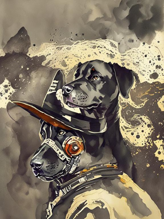 Prompt: Surrealism black dogs in cowboy outfits in space, abstract art style, cowboy hat, eerie atmosphere, floating celestial bodies, mysterious nebulae, dreamlike, surreal, high contrast, otherworldly, abstract, space, astronaut, fun atmosphere, celestial bodies, dreamlike, surreal, high contrast, mysterious, nebulae, dogs