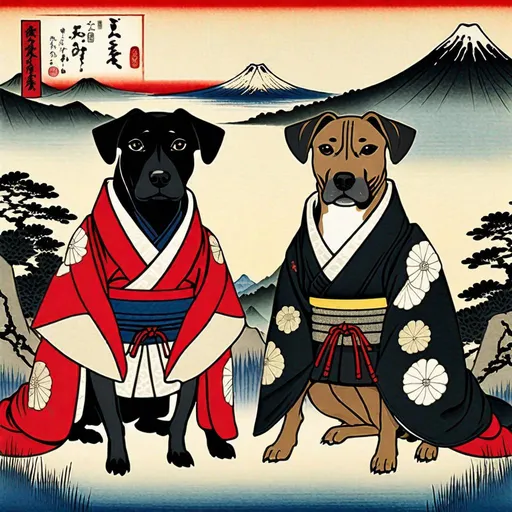 Prompt: black mountain cur dogs in hiroshige wearing samurai clothes