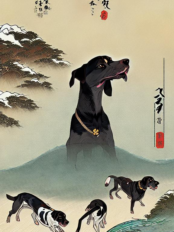 Prompt: black mountain cur dogs pooping in hiroshige wave 