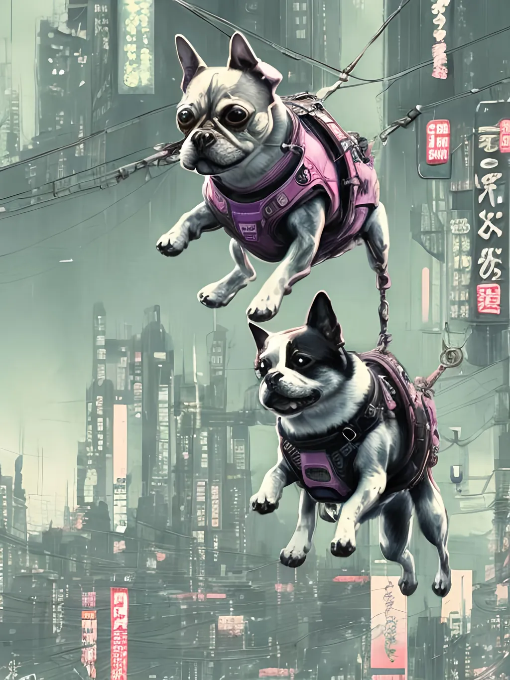 Prompt: chalk pastel style of a  detailed dog parachuting in cyberpunk japan, sketch, detailed background, highres, fun atmosphere, natural lighting,  abstract, fun