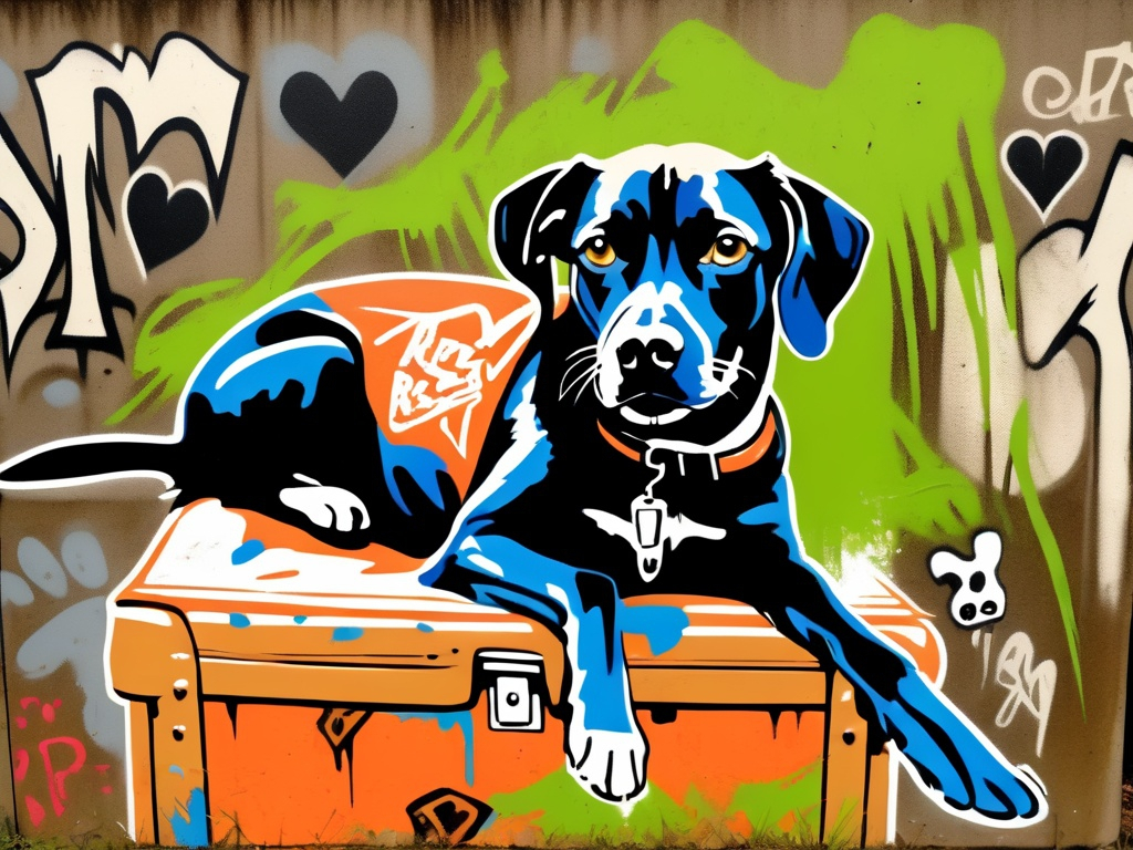 Prompt: Mountain cur black dog in redneck clothing graffiti art style