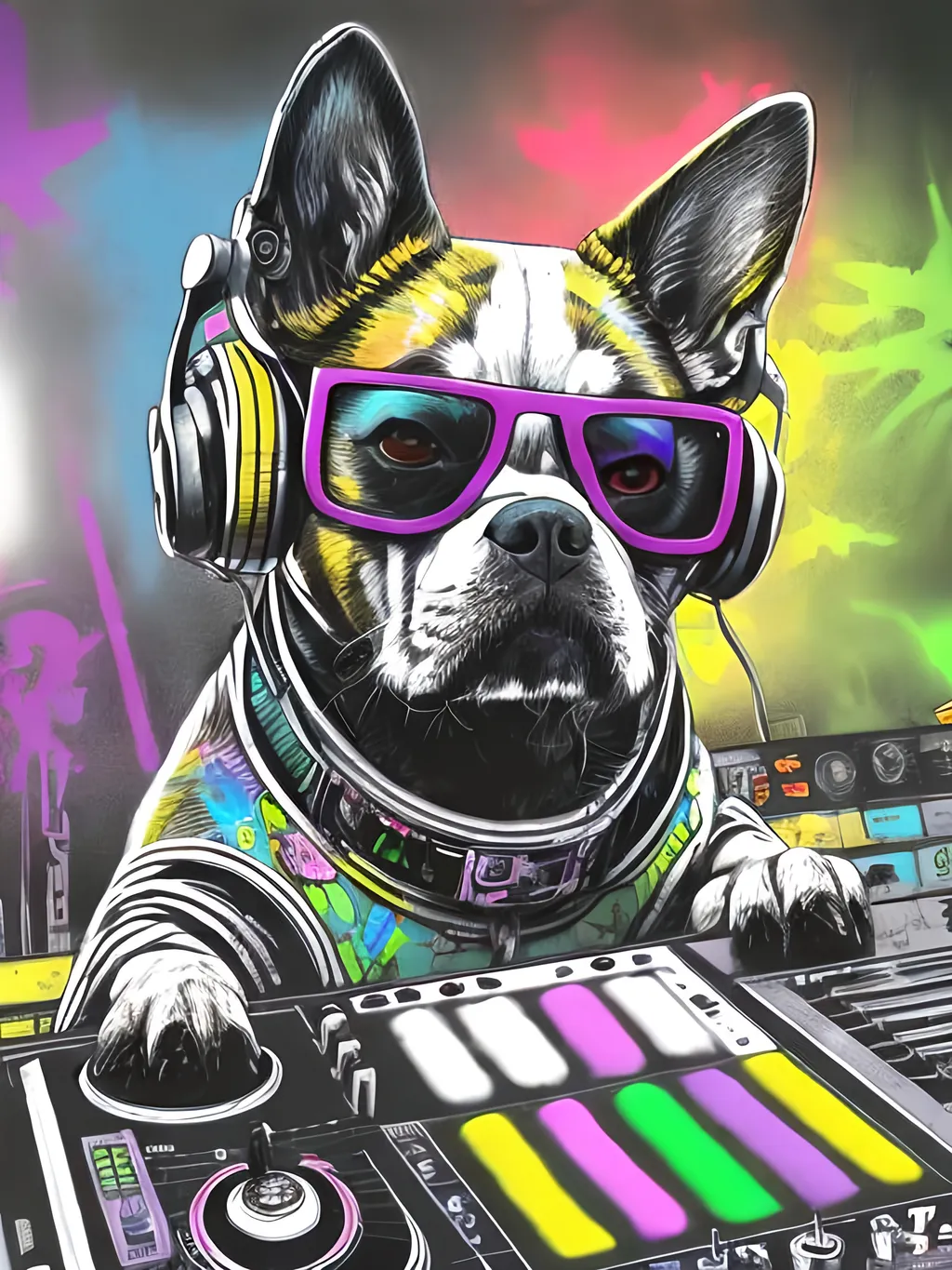 Prompt: pop art chalk pastel art of detailed dog DJing in cyberpunk Japan, sketch, detailed background, highres, fun atmosphere, natural lighting,  abstract, fun