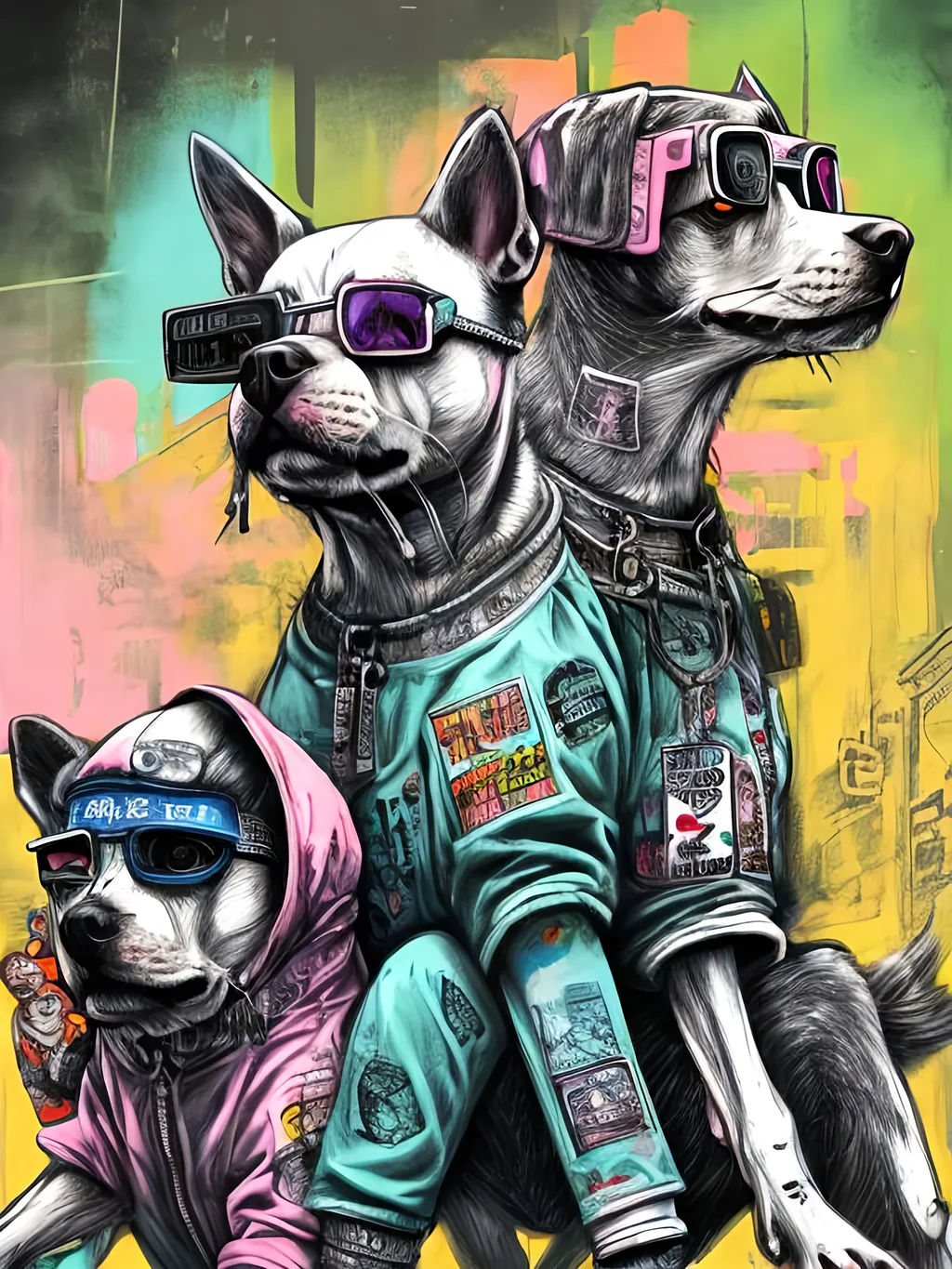 Prompt: pop art chalk pastel art of detailed dogs wearing gangster clothes playing in the streets in cyberpunk japan during a festival, sketch, detailed background, highres, fun atmosphere, natural lighting,  abstract, fun