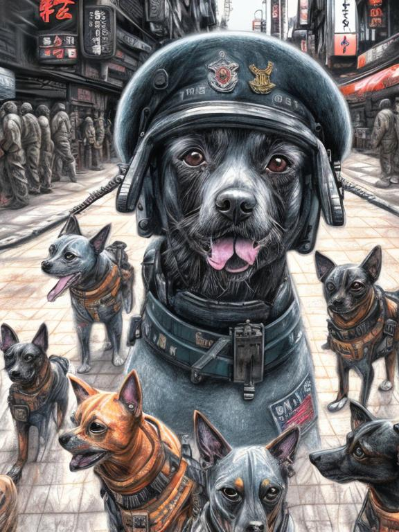 Prompt: chalk pastel art of a detailed dogs wearing military uniforms on the streets in cyberpunk japan during a festival, sketch, detailed background, highres, fun atmosphere, natural lighting,  abstract, fun