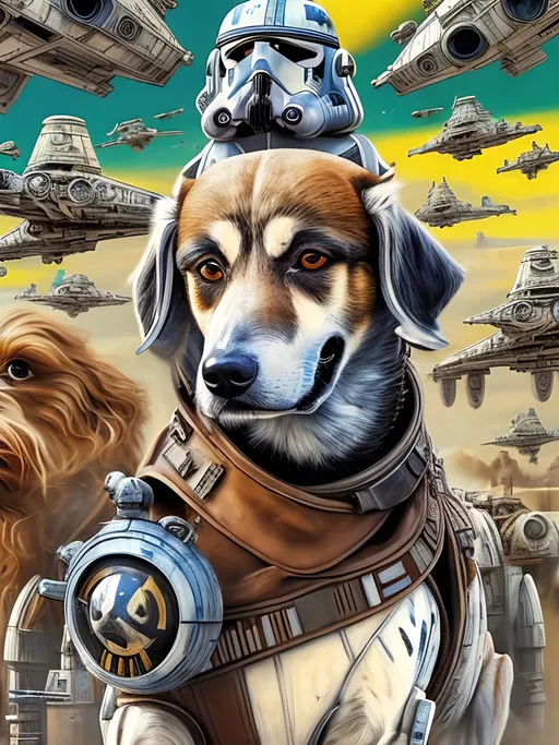 Prompt: pop art chalk pastel style art of detailed dog in star wars with pod racers, sketch, detailed background, highres, fun atmosphere, natural lighting,  abstract, fun