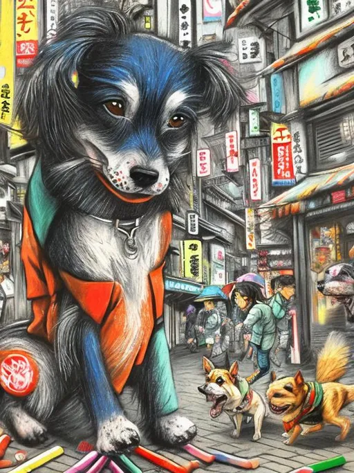 Prompt: pop art chalk pastel art of detailed dogs wearing clothes playing in the streets in japan during a festival, sketch, detailed background, highres, fun atmosphere, natural lighting,  abstract, fun