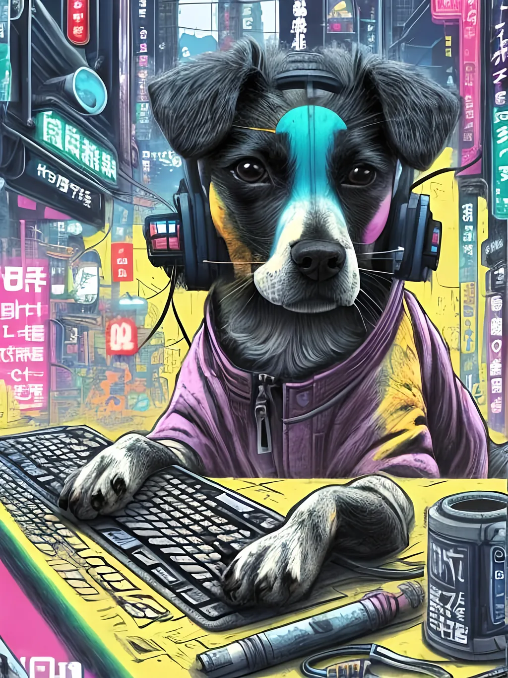 Prompt: pop art chalk pastel art of a detailed dog hacking a computer on the streets in cyberpunk japan with planes in the background, sketch, detailed background, highres, fun atmosphere, natural lighting,  abstract, fun