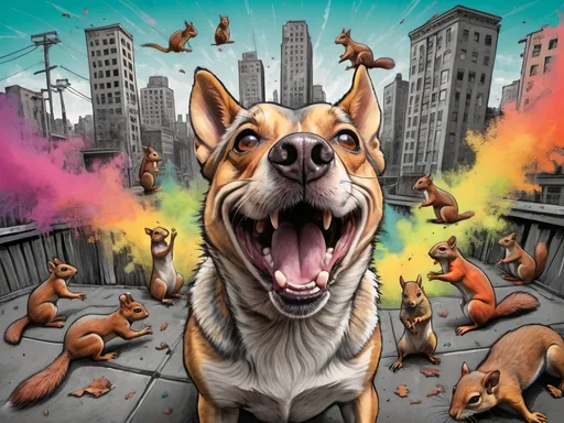 Prompt: Detailed happy dog overwhelmed by squirrels, sketch, pop art chalk pastel, detailed post-apocalyptic city background, grunge, highres, abstract, natural lighting, lively atmosphere, fun, detailed squirrels, colorful, chaotic, vibrant, happy-go-lucky