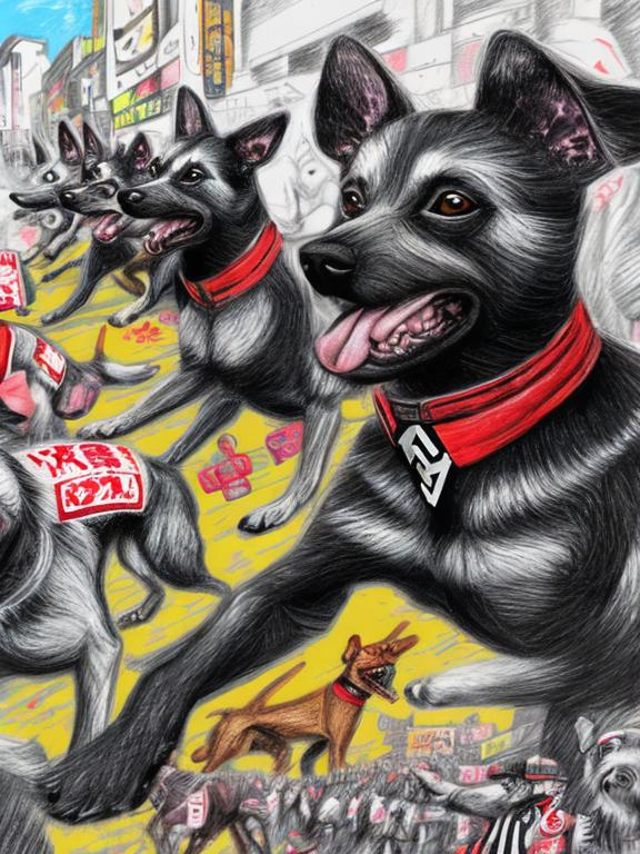 Prompt: pop art chalk pastel art of detailed dogs wearing nazi uniforms playing in the streets in japan during a festival, sketch, detailed background, highres, fun atmosphere, natural lighting,  abstract, fun